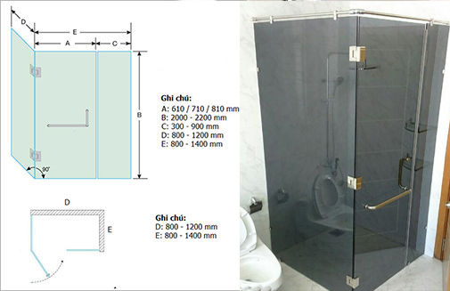 Vách tắm kính cửa mở quay 90 độ dạng cửa kính bắt vào tại góc 90 độ Vách tắm kính cửa mở quay 90 độ dạng cửa kính bắt vào tại góc 90 độ